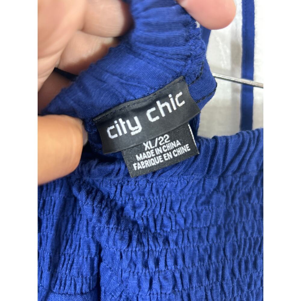 City Chic Maxi Dress XL 22 Navy Blue Smocked Strap Faux Wrap Flowy Jersey Cotton - Picture 9 of 10